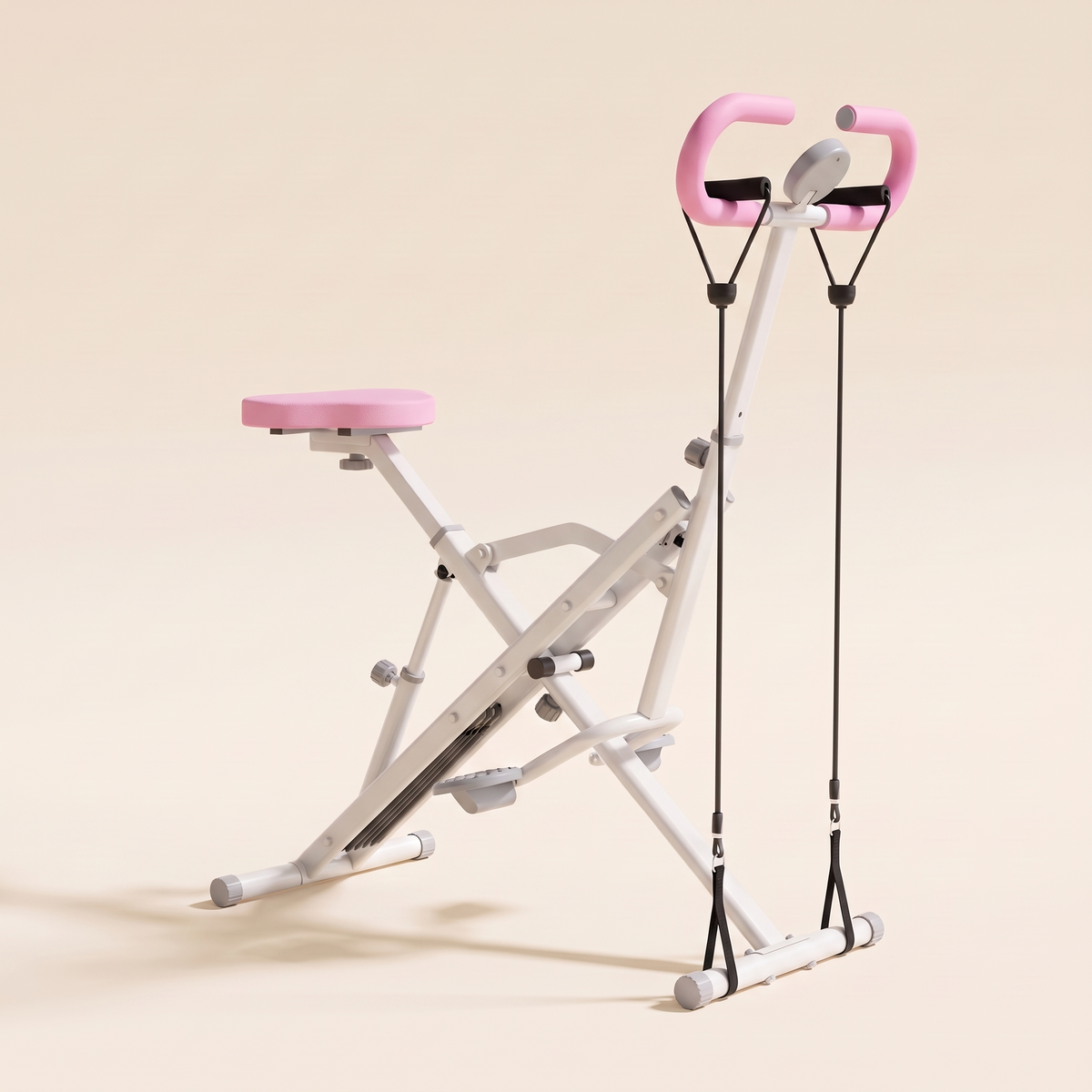 Side view of the foldable squat machine with padded seat and resistance cables