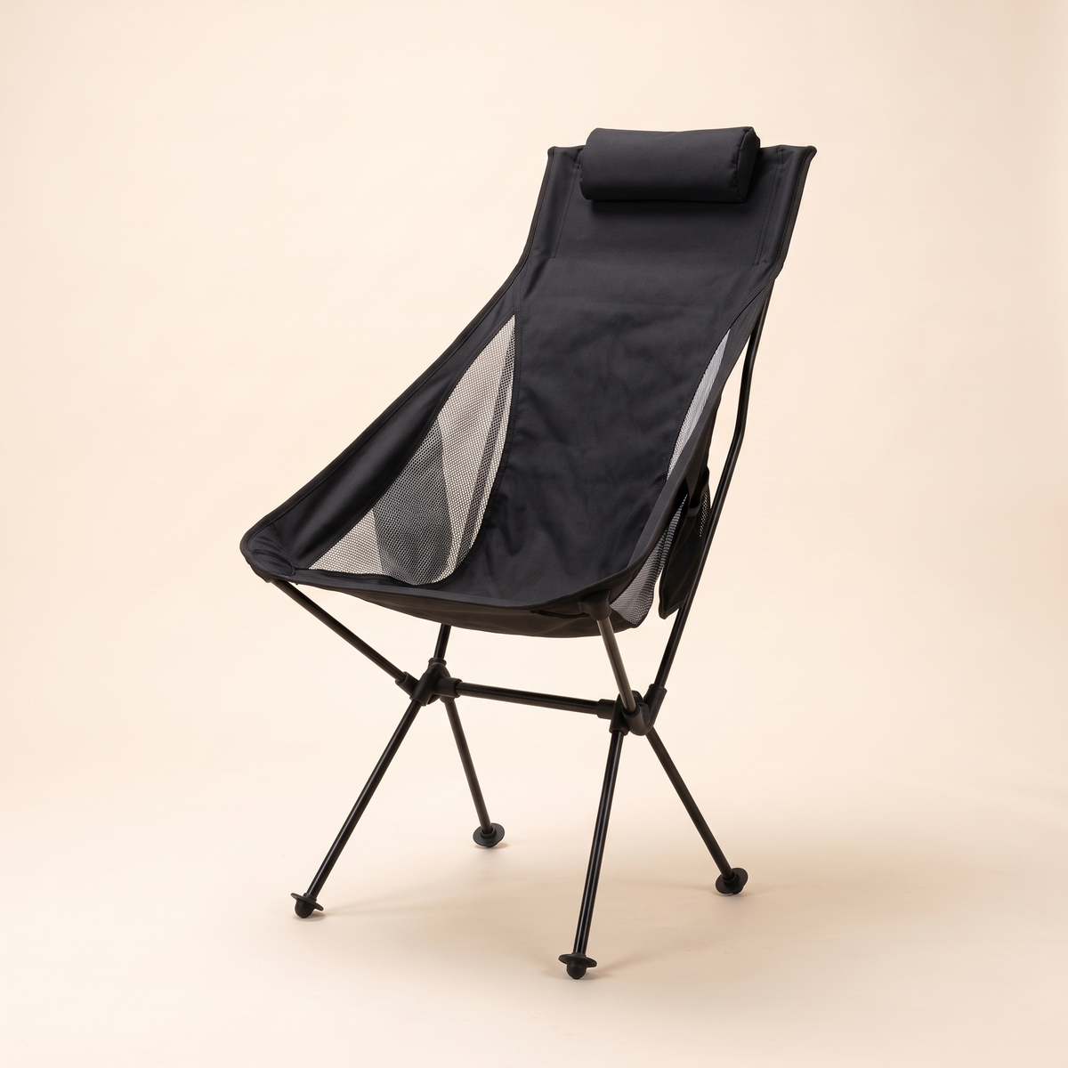 Black ultralight high back camping chair three quarter view