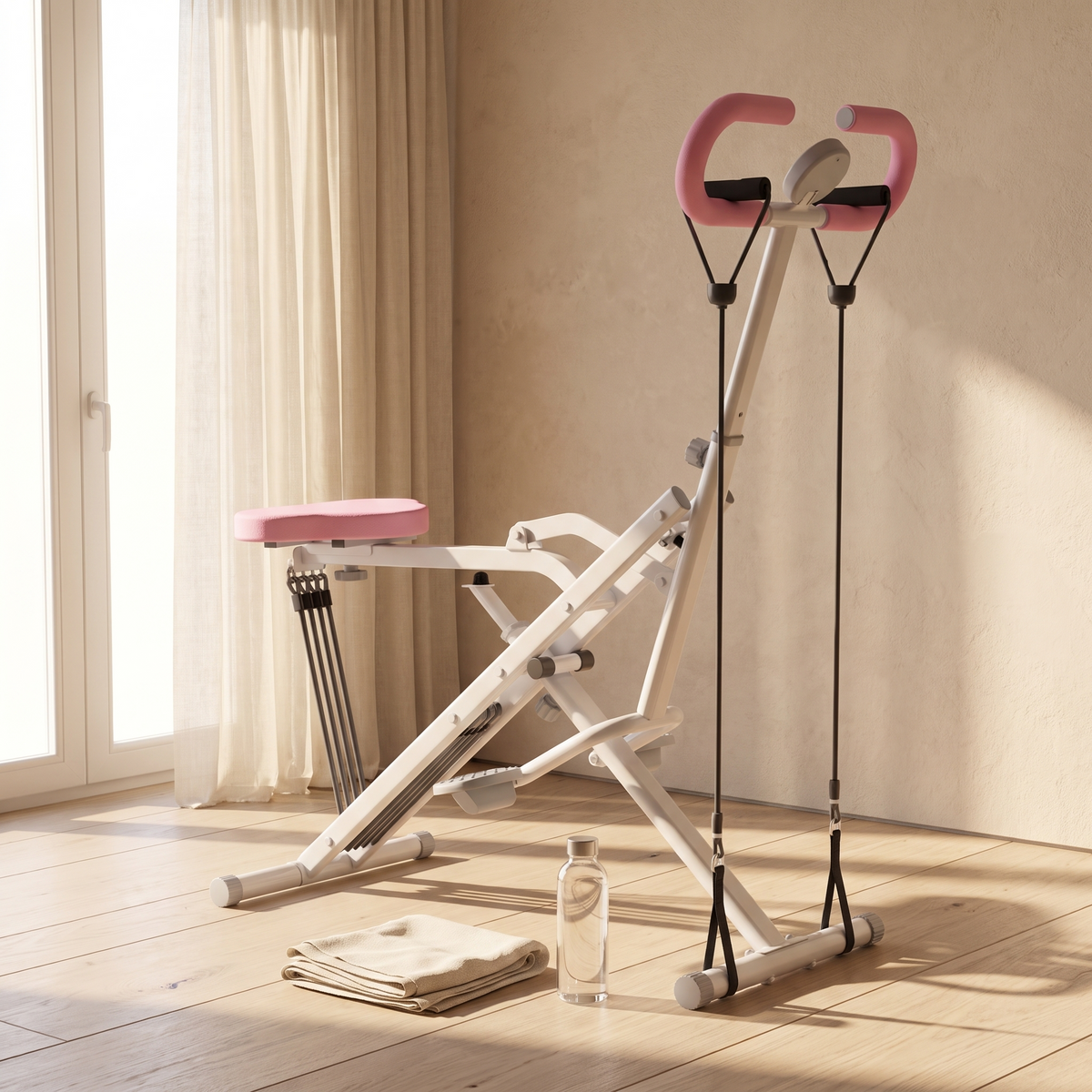 Foldable squat machine in a bright minimal home workout space