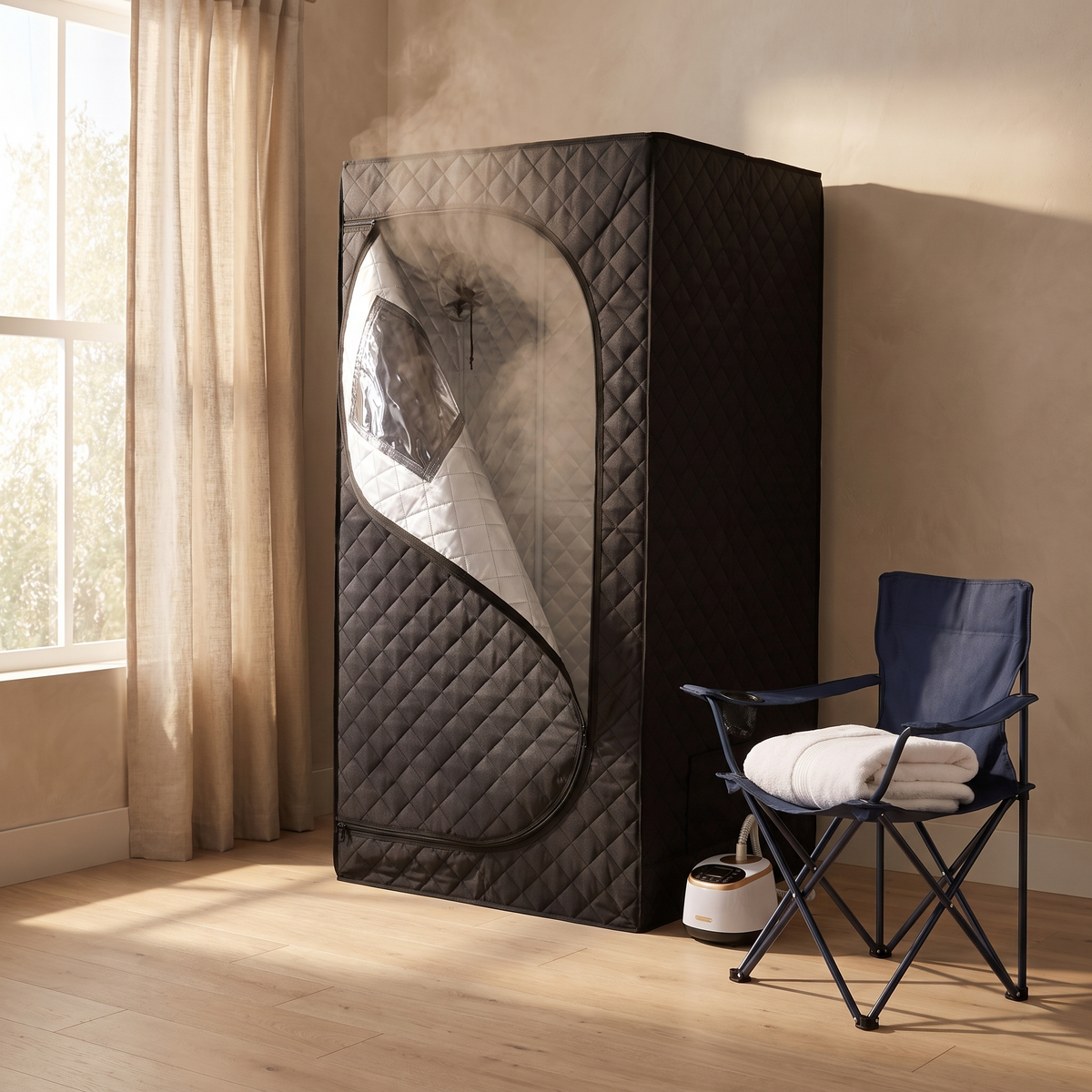 Portable steam sauna kit set up in a sunlit minimal room with a folding chair