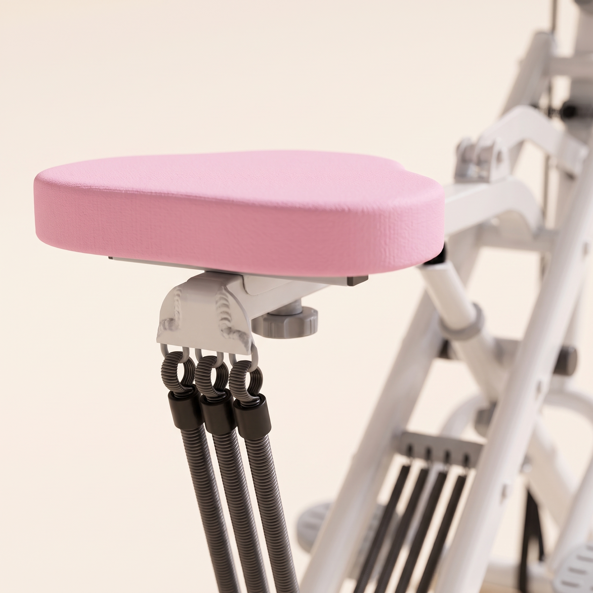 Close up of the padded seat and resistance cable bands on the foldable squat machine