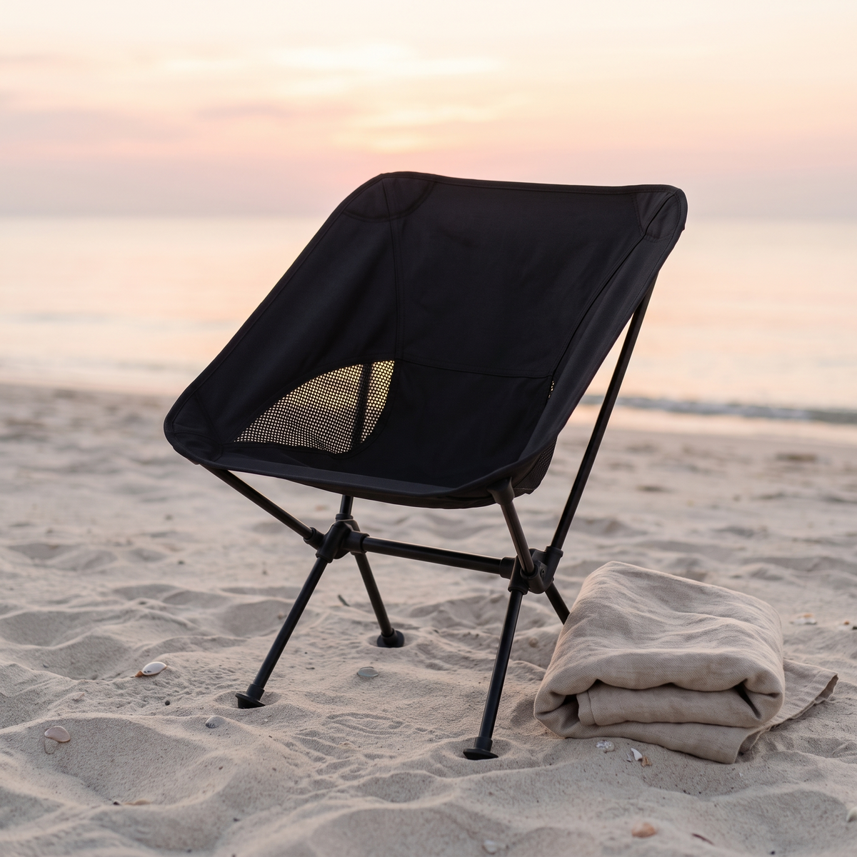 Compact folding camping chair on a quiet beach at dusk