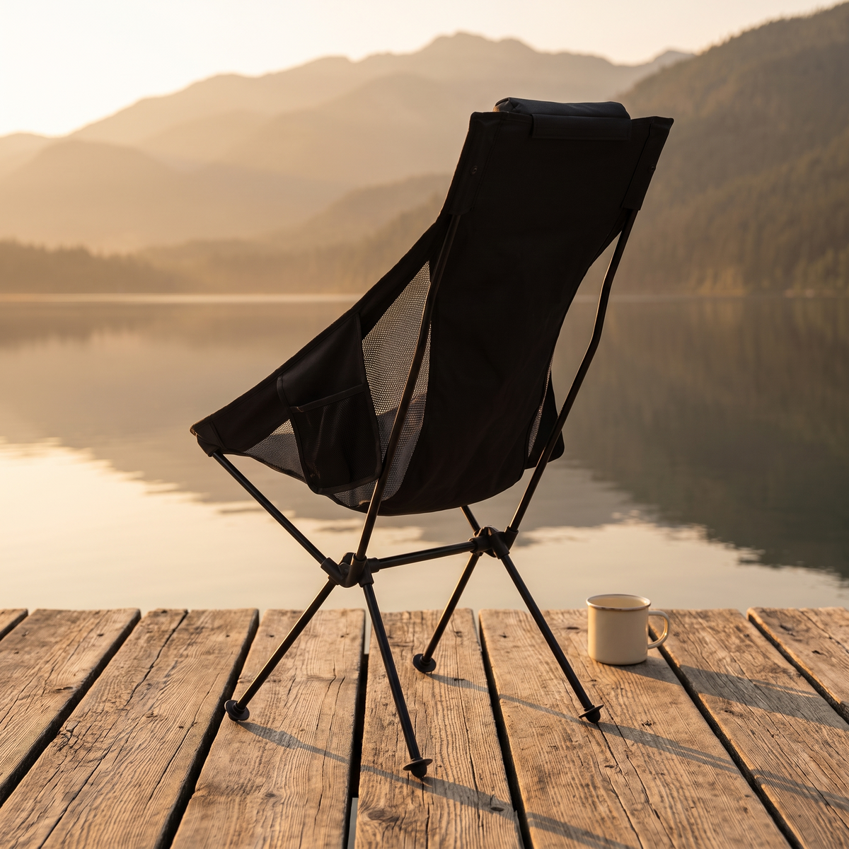 High back camping chair on a wooden lake dock at sunrise