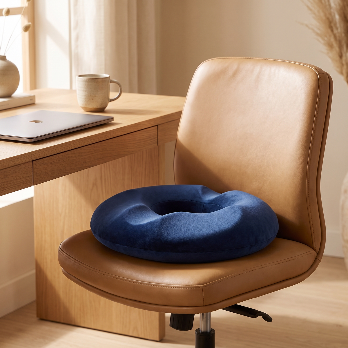 Memory foam donut seat cushion on an office chair in a minimal home office