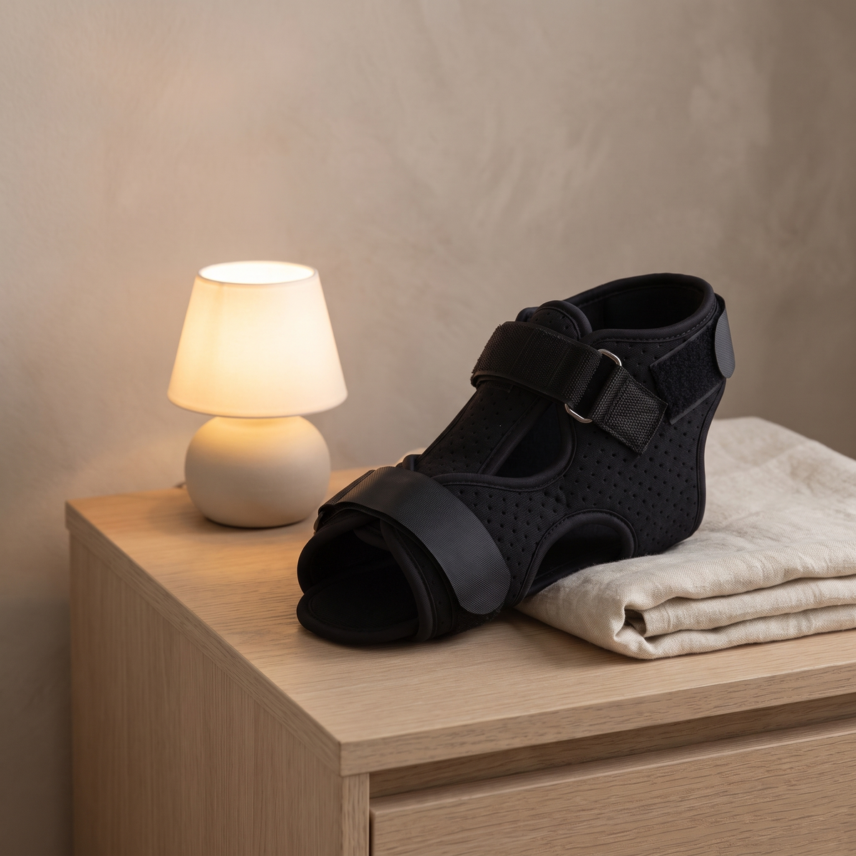 Adjustable dorsal night splint on a bedside table with a folded towel