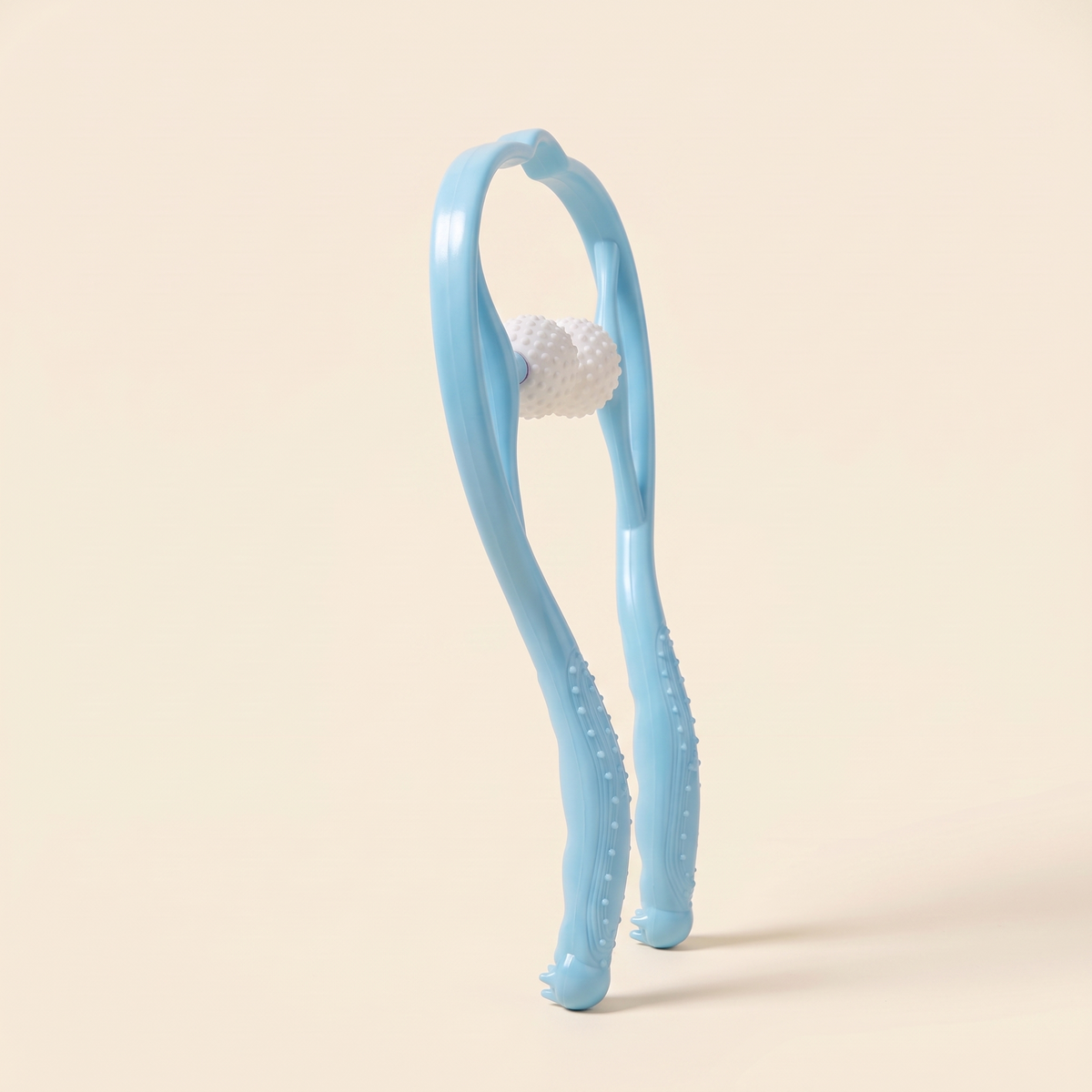 Side view of the blue dual point neck massager with curved handles
