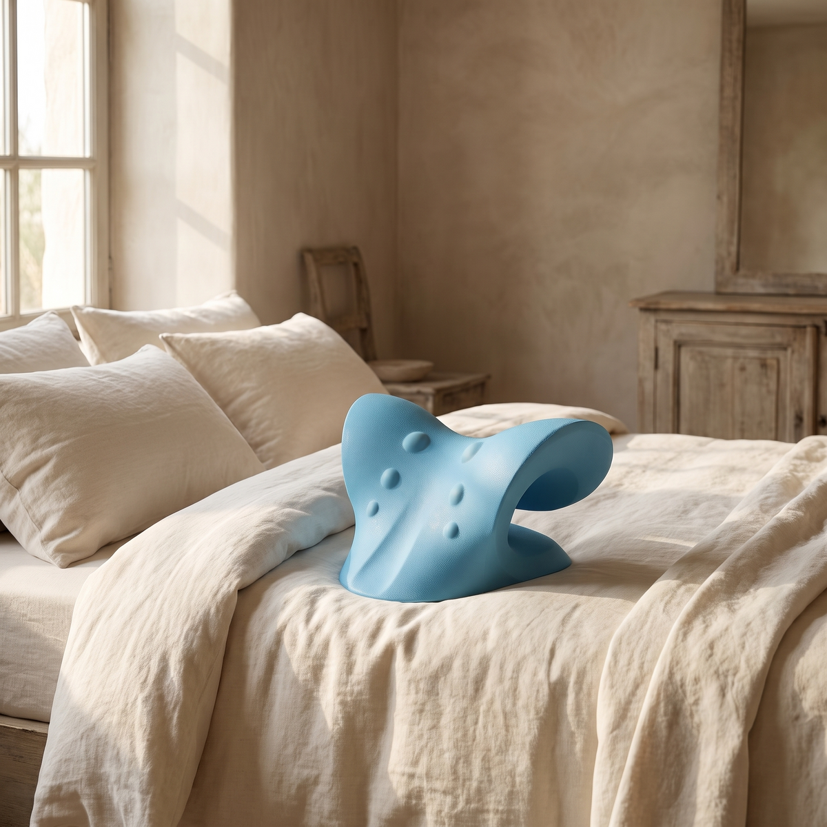 Cervical pillow resting on a neatly made bed with cream linen sheets