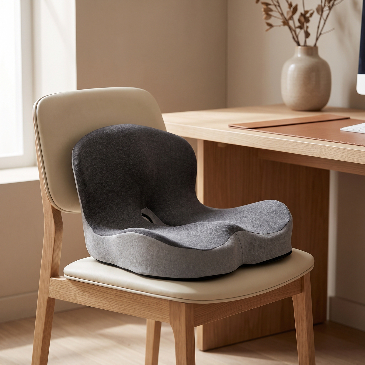 Memory foam seat cushion on a wooden desk chair in a minimal home office