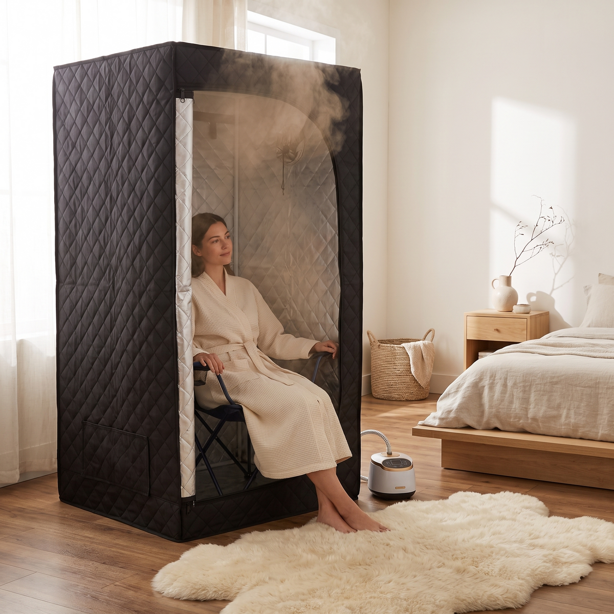 Woman relaxing inside a portable steam sauna tent in a calm bedroom