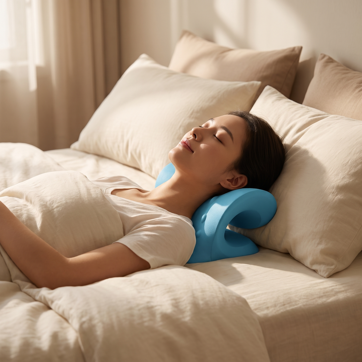 Woman resting on the cervical traction pillow in bed