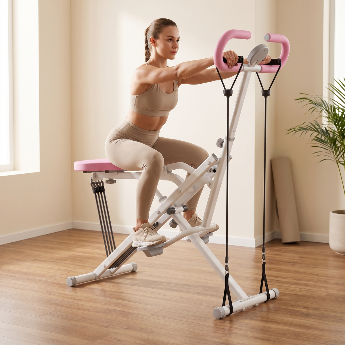 Woman doing a squat workout on the foldable squat machine at home