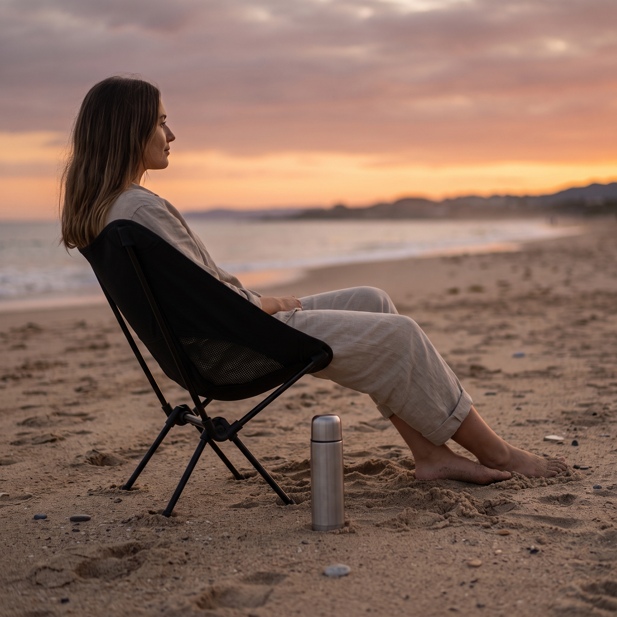 Woman sitting in the compact folding camping chair on a beach at sunset