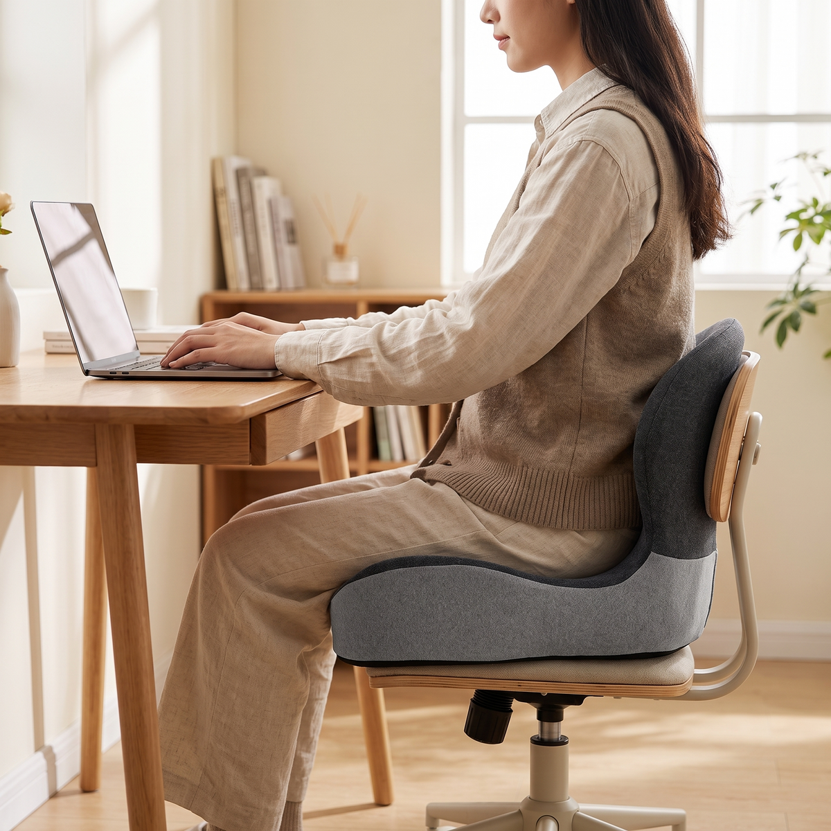 Woman working at a desk seated on the ergonomic memory foam seat cushion