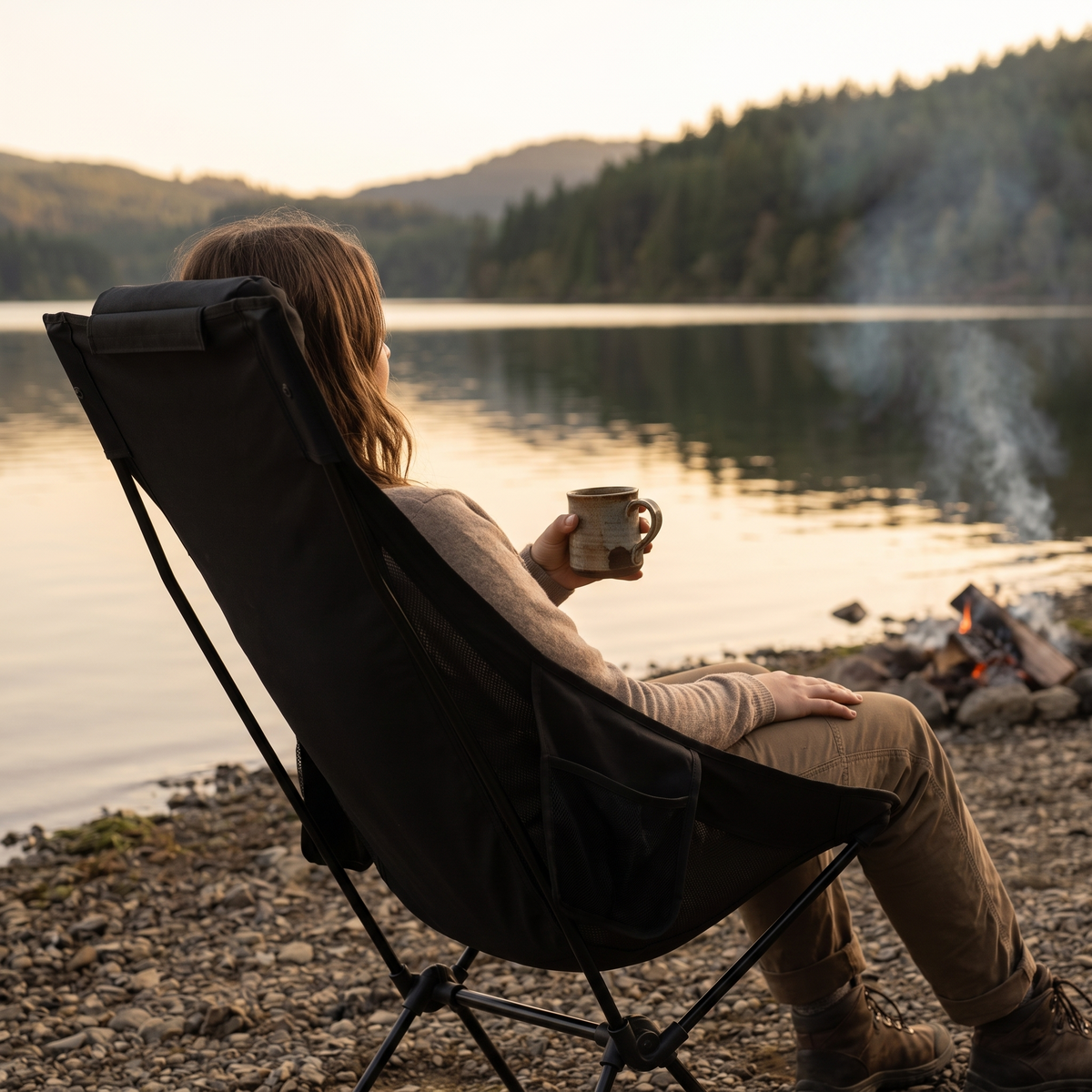 Person relaxing in the ultralight high back camping chair outdoors