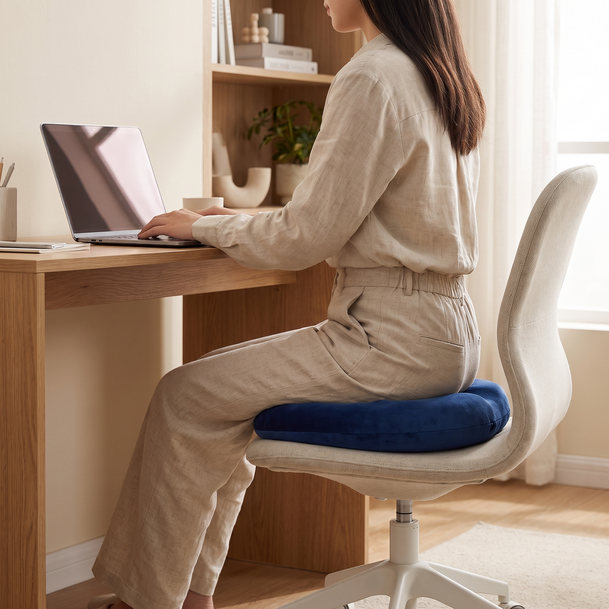 Memory foam donut seat cushion used on an office chair at a desk