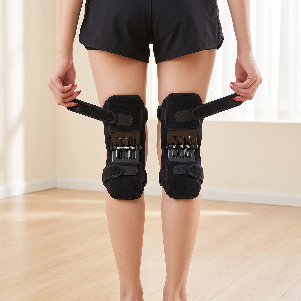 Rear view of spring support knee braces with the strap being adjusted behind the knees