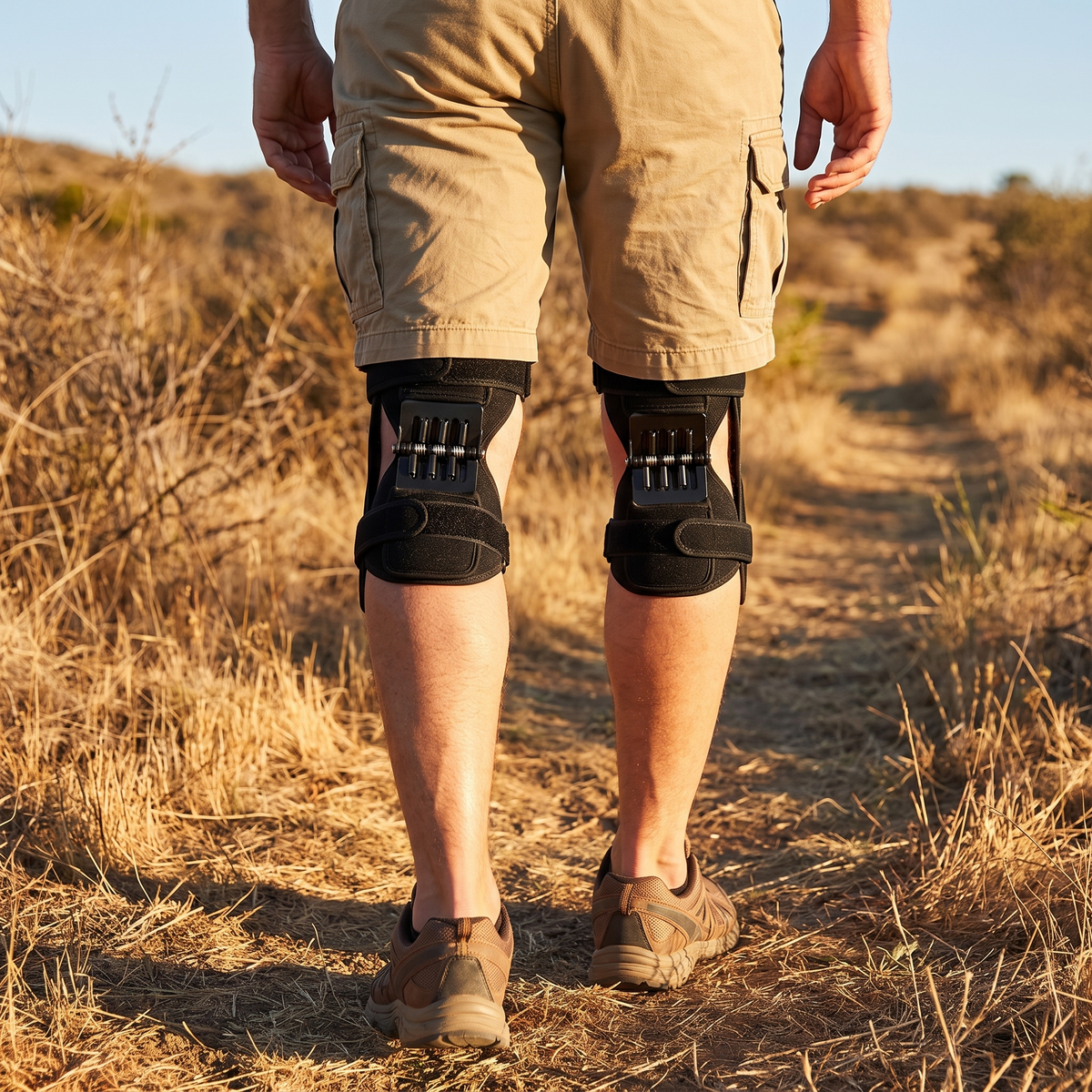 Rear view of a hiker wearing spring support knee braces with the spring panels behind the knees