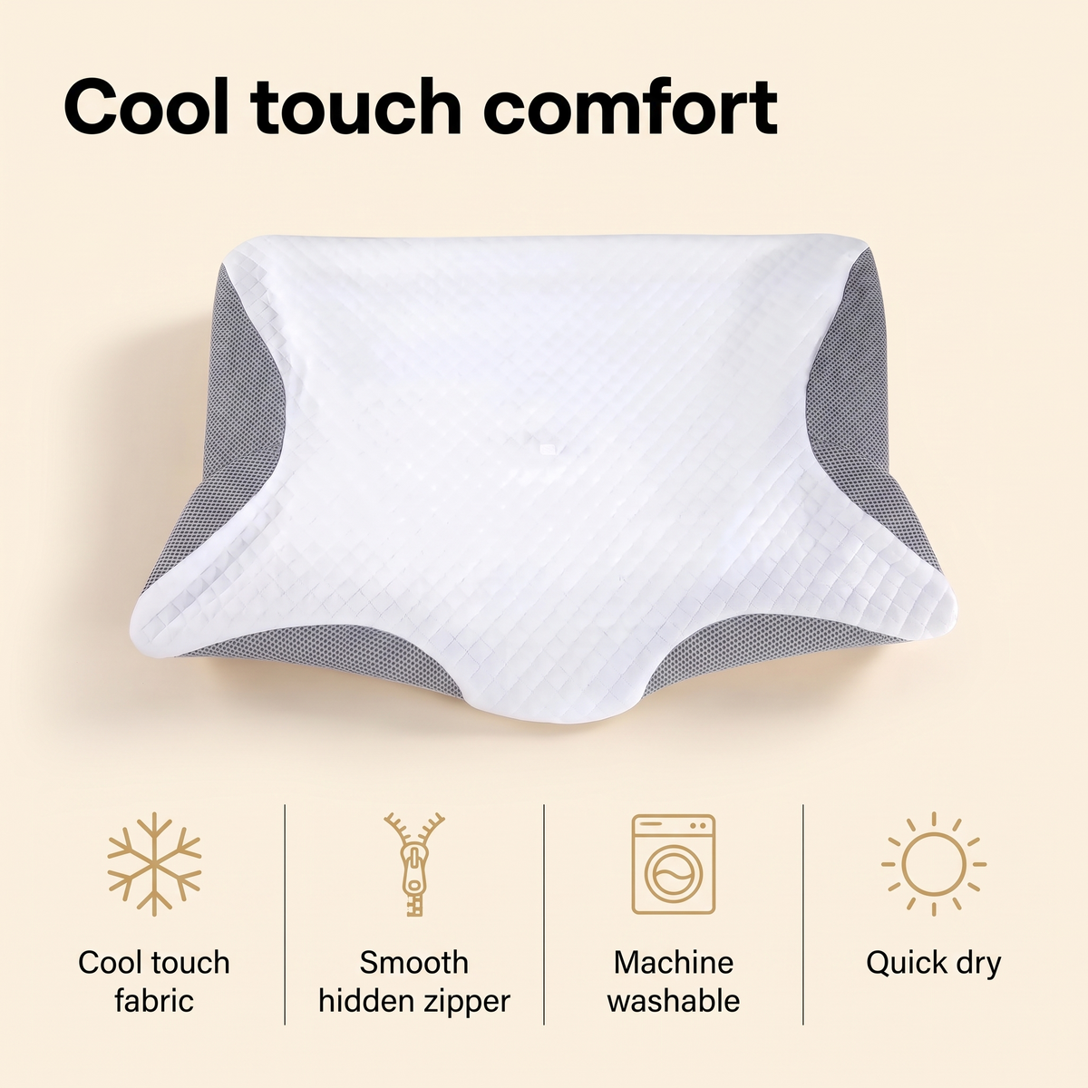 Cool touch contour pillowcase features: cool touch fabric, smooth hidden zipper, machine washable, quick dry