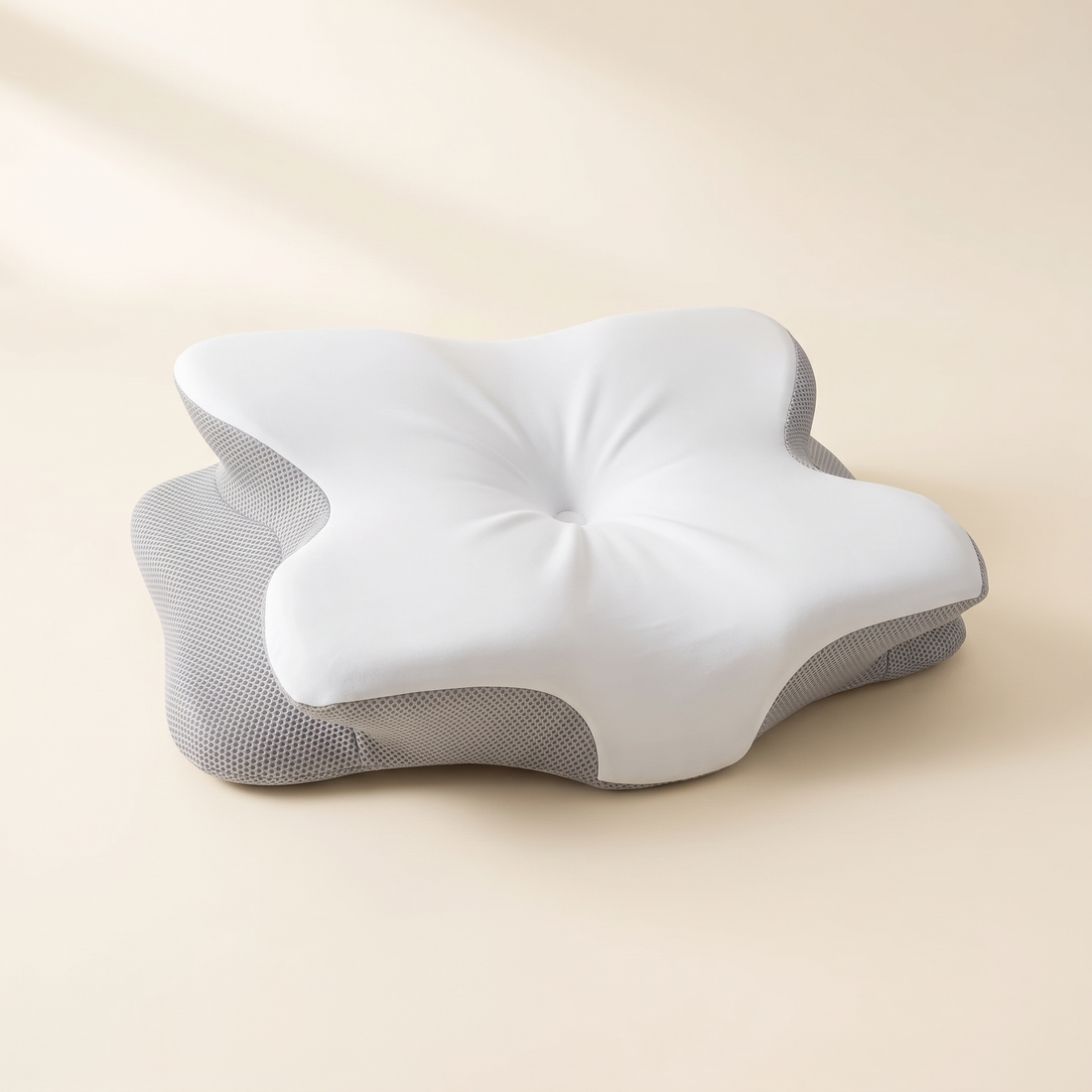 Ultra contour memory foam pillow in gray with a smooth white stretch cover and gray mesh base