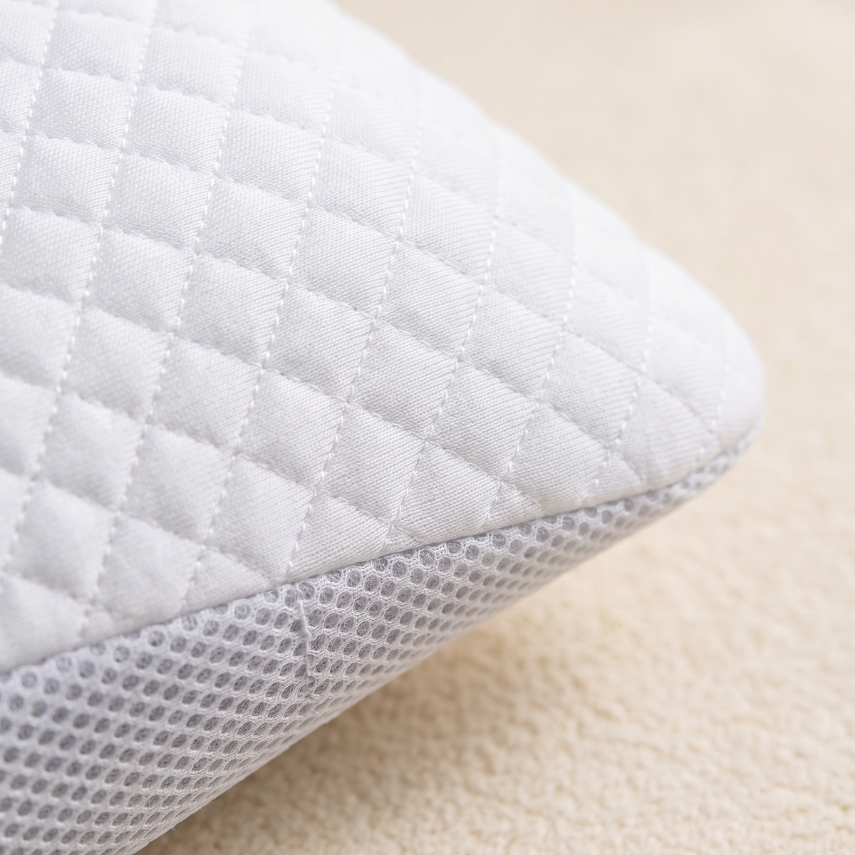 Macro close up of the cool touch quilted pillowcase fabric and mesh edge