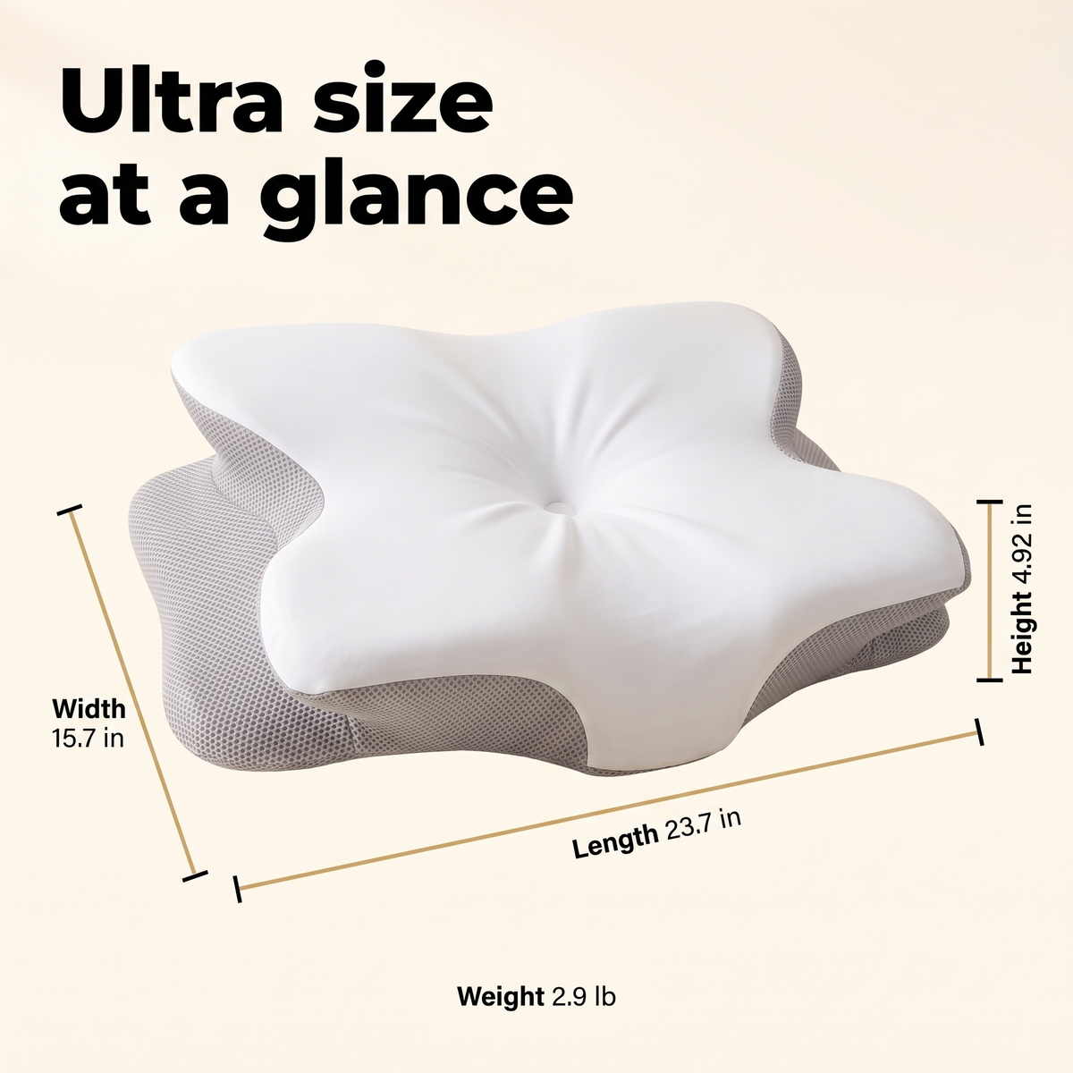 Ultra pillow size at a glance, 23.7 inches long, 15.7 inches wide, 4.92 inches high, 2.9 pounds