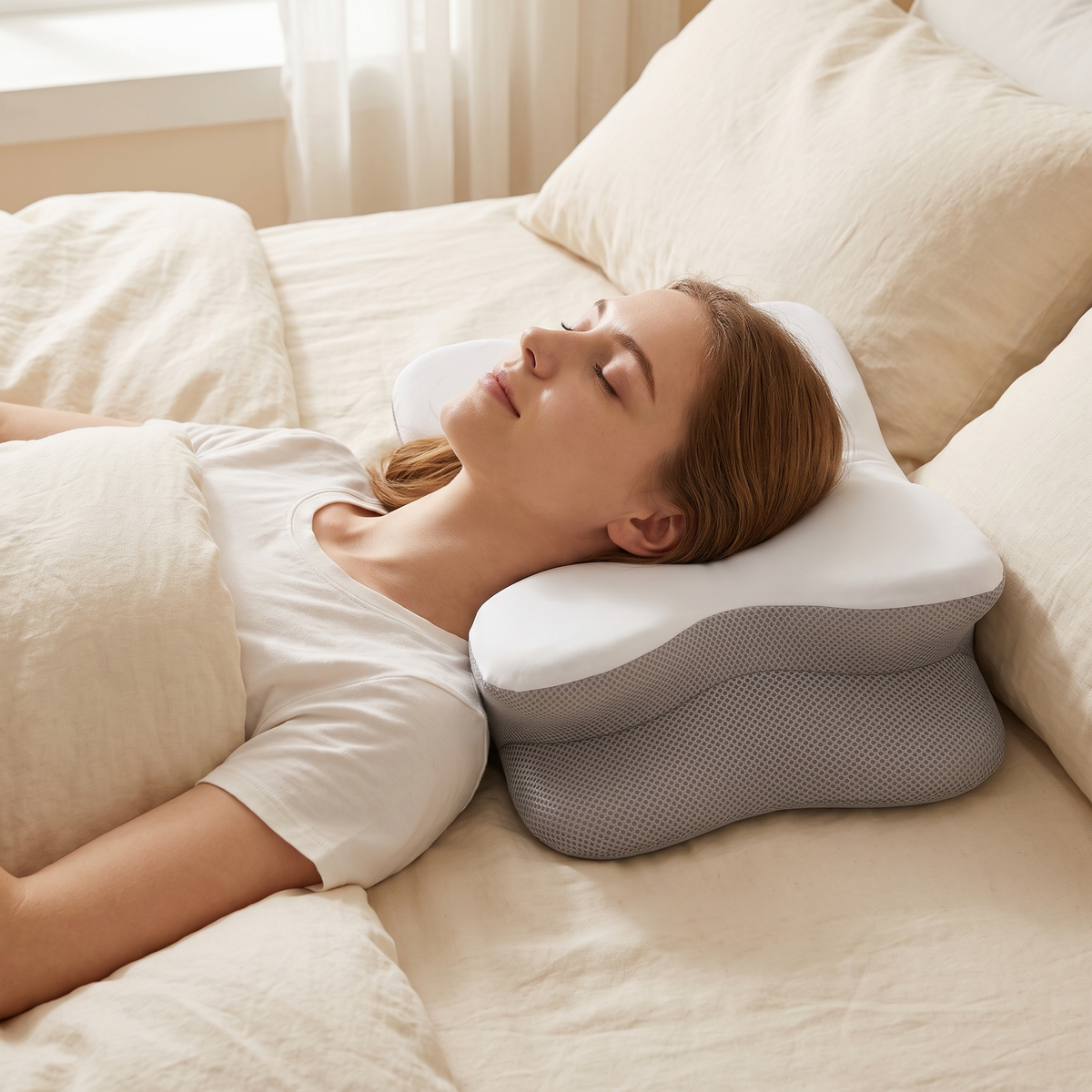 Woman resting on her back with the Ultra contour memory foam pillow supporting her head and neck