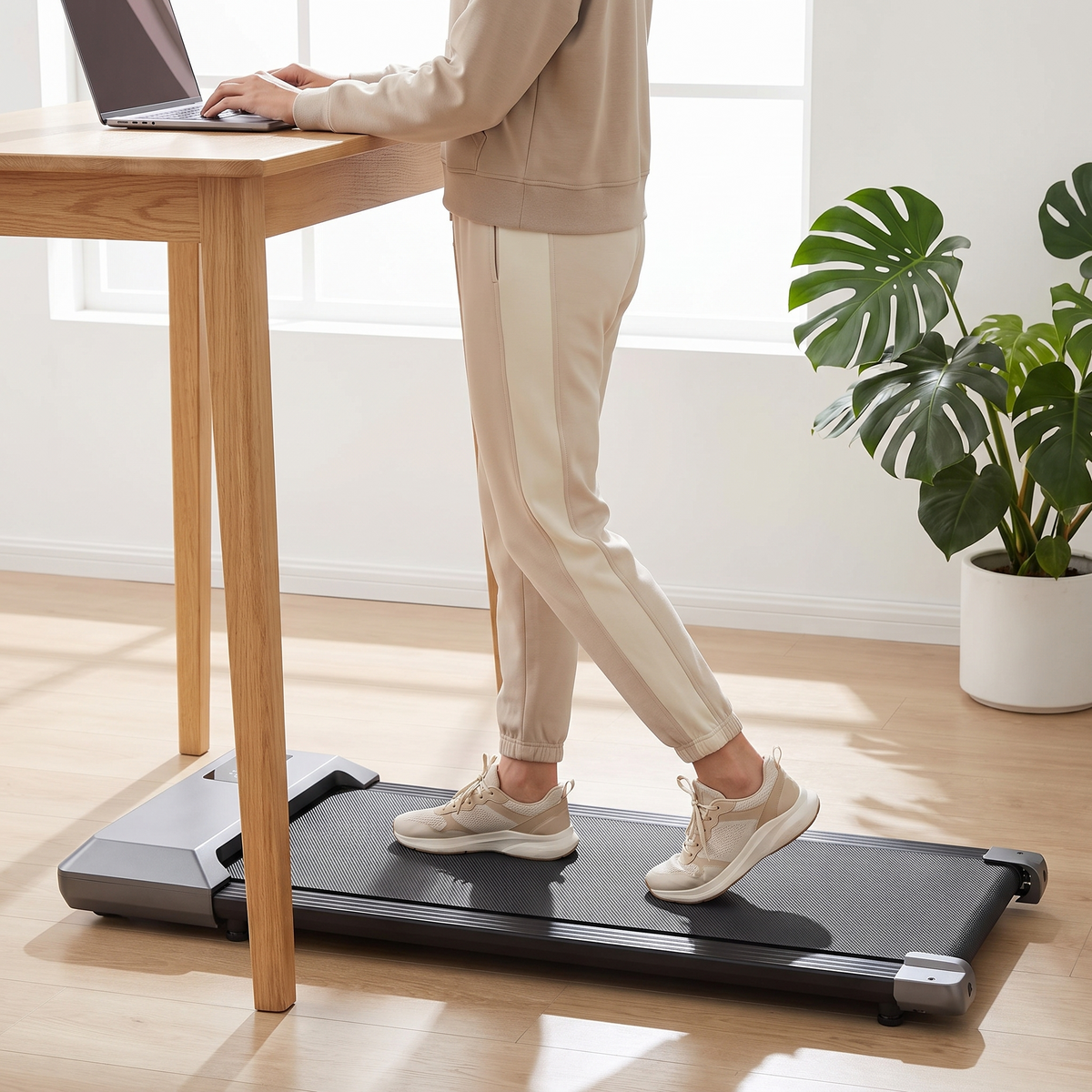 Compact Under Desk Walking Pad in use at desk